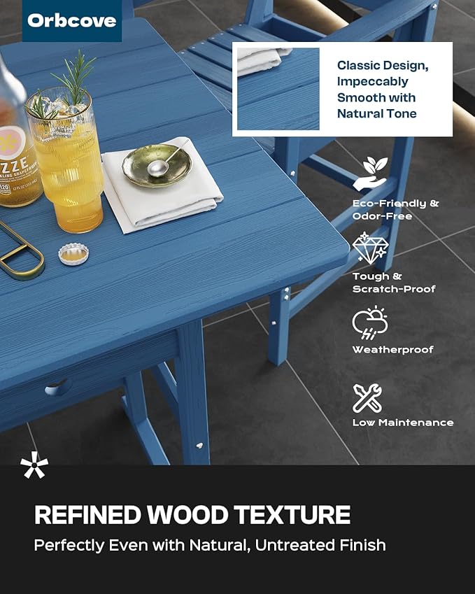 3-Piece Bar Height Patio Table and Chairs Set, HDPE Wood Grain Outdoor Bar Table and Chairs with Heart Cutout Design, Weather-Resistant Bar Height Furniture for Deck, Porch, Pool (Navy Blue)