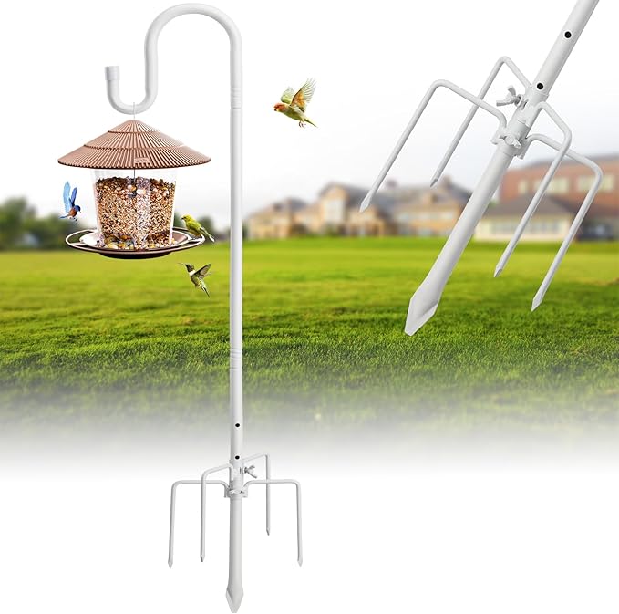 Hummingbird Feeder Pole for Outdoors - Heavy Duty Bird Feeder Stand with Adjustable Stake,62" Rustproof Shepards Poles with Hangers Holder for Birdfeeder,Wind Chimes,Lanterns,Wreaths,White