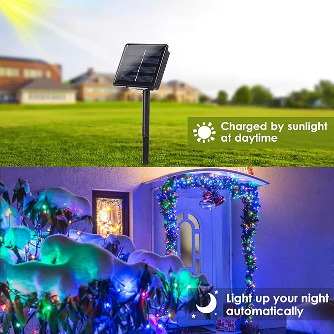 (Cool White ⇋ Multicolor) Solar Christmas String Lights Outdoor, 2-Pack 80FT 200 LED Waterproof Silver Wire, Solar Twinkle Lights with 8 Modes Solar Fairy Light for Tree Garden Wedding Christmas Decor