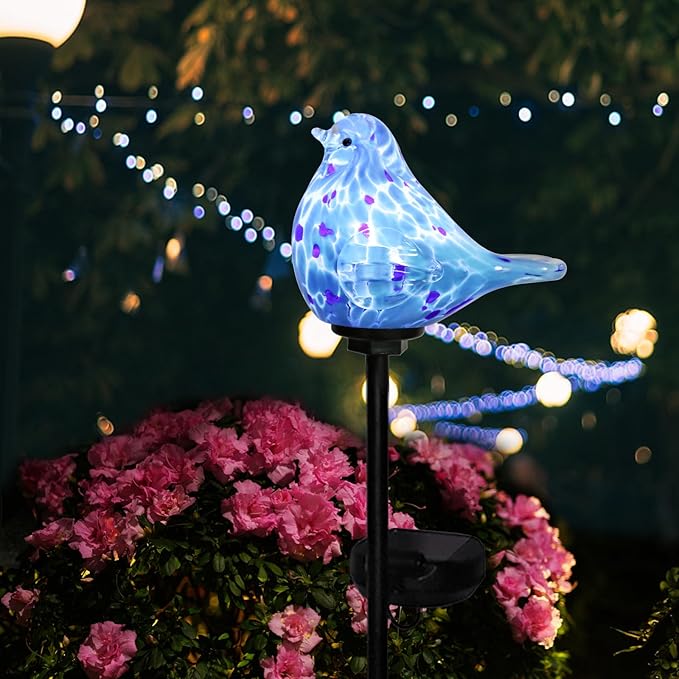 Afirst Decorative Solar Lights Outdoor Solar Bluebird Stake Lights Hand Blown Glass Decorative Garden Pathway Lights Outdoor Waterproof Glass Stakes