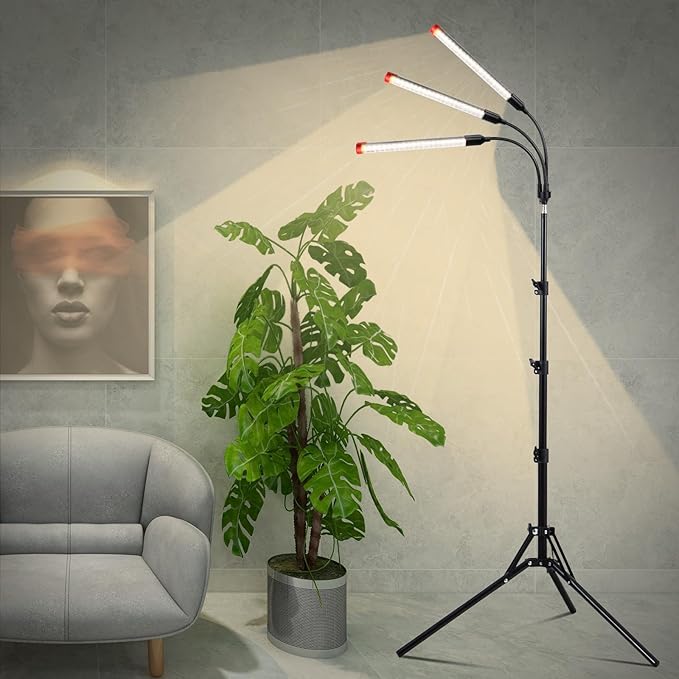 3-Head Grow Lights for Indoor Plants with Stand 27W, LED Plant Grow Light for Tall Houseplants, Bonsai Tree, Full Spectrum Growing Lamp with 4,8,12 Hr Timer, 24"-64" Adjustable Height