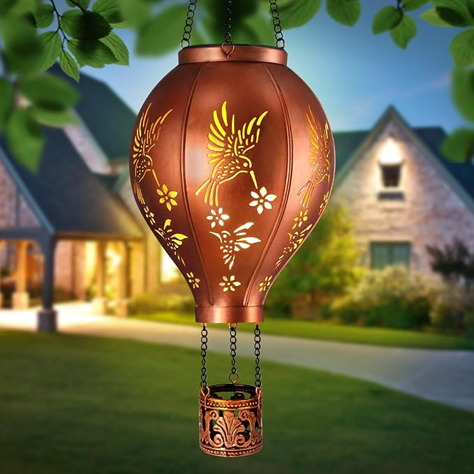 Hot Air Balloon Solar Garden Lights Outdoor Hummingbird Hollowed Metal Hanging LED Solar Lantern Waterproof Light for Garden Patio Yard Porch Christmas Decor Gifts for Women Mom Friends