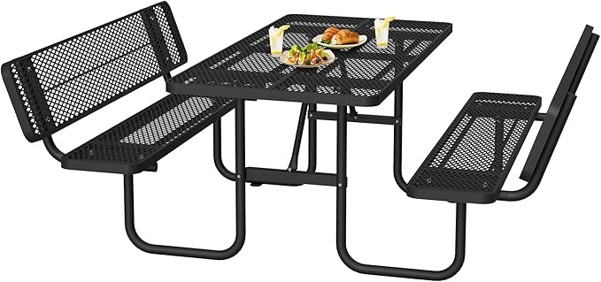 79'' Steel Rectangular Picnic Table for Outdoors, with backrest, Expanded, Lifetime Picnic Table with Umbrella Hole, Heavy Duty Sturdy Commercial Picnic Tables for Garden Courtyard BBQ, Black