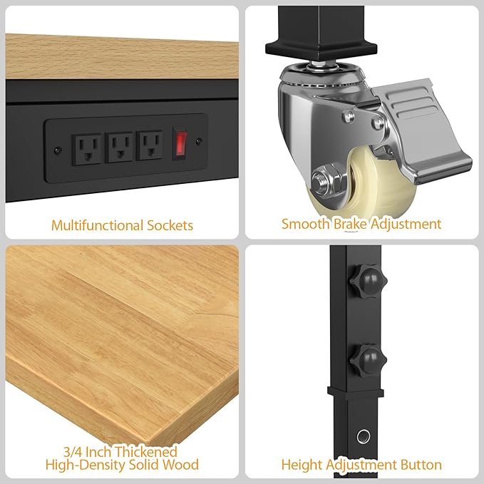 60" Adjustable Workbench,Heavy-Duty Work Table,3000 LBS Load Capacity Hardwood Workstation Outlets with Power Strips, Drawers and Wheels,for Workshop, Garage