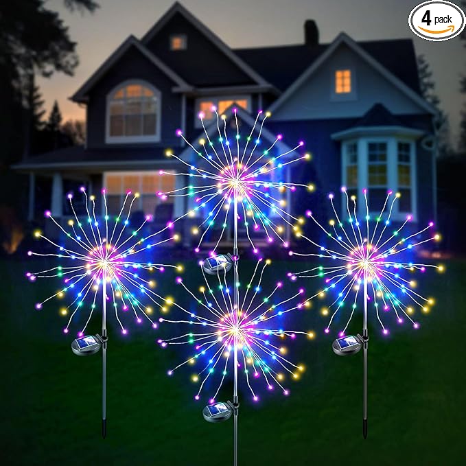 Anordsem Solar Fireworks Lights for Garden: Fairy Light Waterproof for Yard Outdoor Decorations - Sparkler Stick Powered for Patio 120 LEDs - Starburst Lamp Multi-Color Party Pathway Lawn 4 Pack