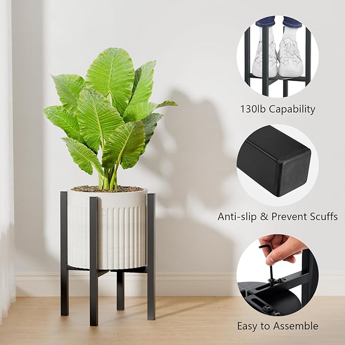 2-Pack Adjustable Metal Plant Stand Indoor Outdoor - Fits 8 to 12 Inches Pots - Mid Century Modern Planter Stand Black Flower Pot Holder Home Decor for Gardening Gifts