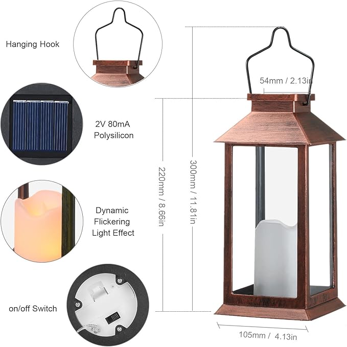2 Pack Solar Lanterns, Outdoor Garden Hanging Lanterns, LED Flickering Flameless Candle Mission Lights for Yard,Table,Patio(Bronze)
