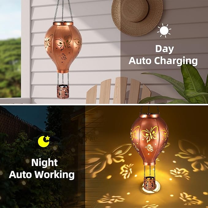 Hot Air Balloon Solar Lights Butterfly Hollowed Metal Hanging LED Solar Lanterns Outdoor Waterproof Light for Garden Patio Yard Porch Christmas Decor Gifts for Women Mom Friends