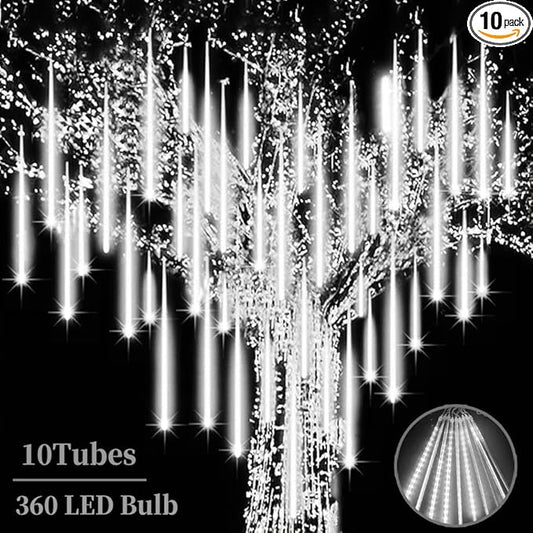 High Brightness 10 Tube 360 LED 12 Inch Meteor Shower Rain Lights Cascading Falling Rain Outdoor Lights for Christmas Roof Eaves Tree Decoration Icicle Raindrop