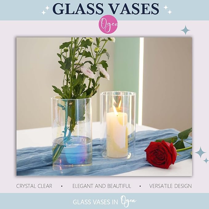 12pc Glass Cylinder Bud Vases for Centerpieces,6 inch Tall Irised Crystal Clear Flower Vases in Bulk,Hurricane Glass Candle Holders for Table Centerpiece Formal Dinners Home Decor