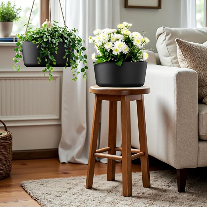 10.7 Inch Hanging Planter for Outdoor Indoor Plants，2 Pack Hanging Flower Pots with Drain Holes for Garden Home Decor Use (Black)