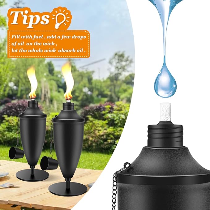 6 Pack Metal Tabletop Torches,22 oz Citronella Torches for Outside, Refillable Outdoor Flame Torch Light, Comes with Wicks and Covers, Ideal for Parties, Landscape, Garden Decor, DIY
