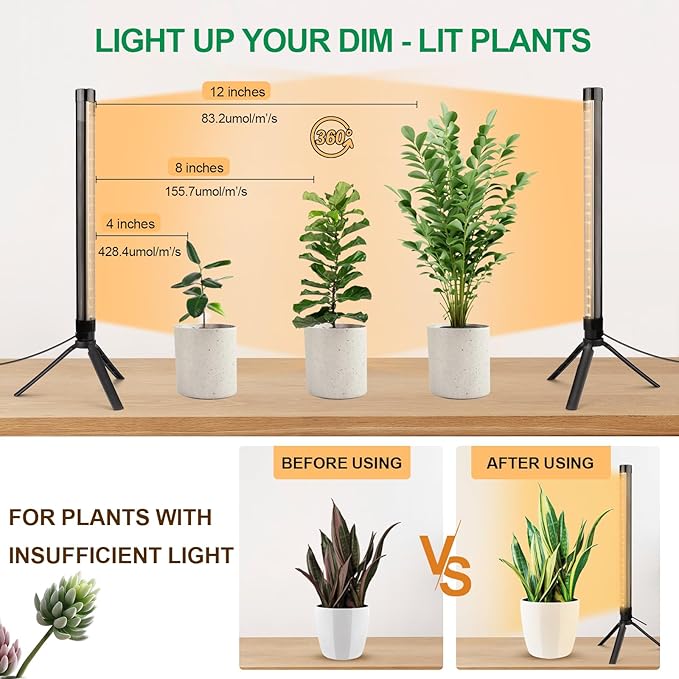 2 Pack Grow Lights for Indoor Plants, Height Adjustable with On/Off Switch and Timer, Vertical Plants Grow Light for Indoor Plant Growth and Flowering