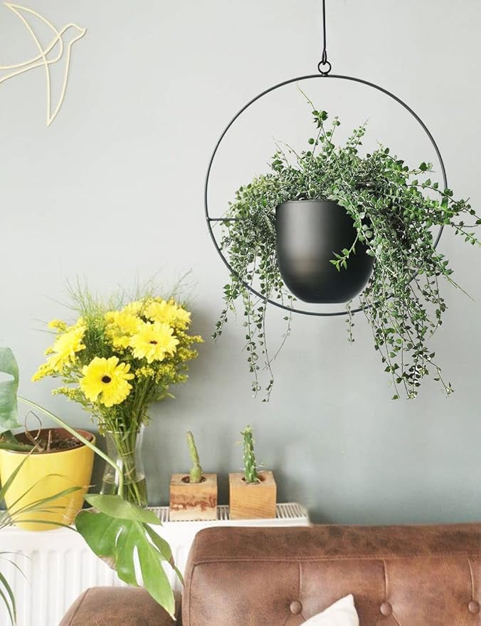 Hanging Planter for Indoor Outdoor Plants Metal Mid Century Minimalist Wall Ceiling Plant Hanger Hanging Flower Pot Basket Holder for Home Office Décor, Black