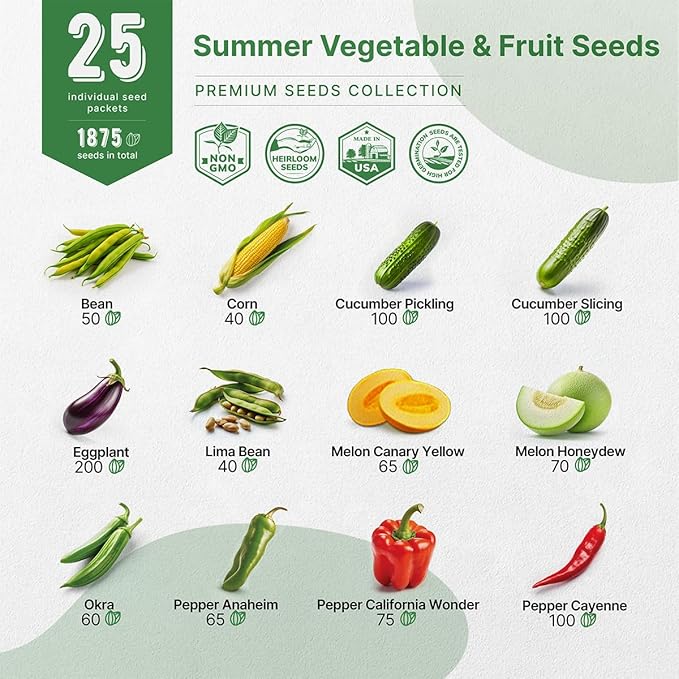 25 Summer Vegetable & Fruit Seeds Variety Pack - 1,870+ Non-GMO Heirloom Veggie & Fruits Seeds for Outdoors and Indoor Home Gardening, Including Collards, Tomato, Pepper, Okra, Onion, Bean, Cucumber
