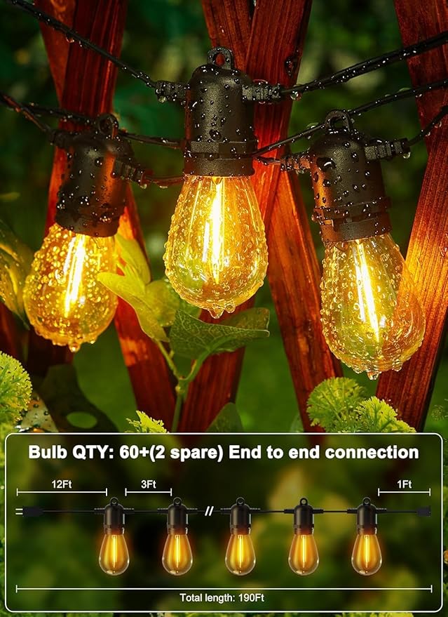 190FT Outdoor String Lights for Patio with 62 Shatterproof S14 Vintage Edison Bulbs, Waterproof Outside Hanging Lights for Backyard Deck Garden Party Xmas Decor, 2700K