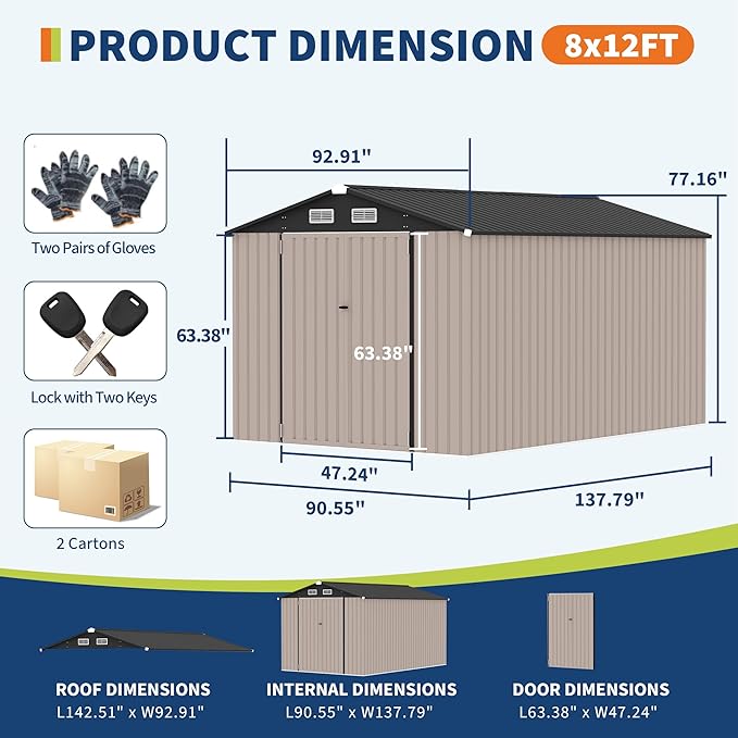 8x12 FT Metal Storage Sheds Outdoor, Metal Yard Sheds Garden Shed Kit, Metals Tool Shed with Lockable Door, Metals UtilityShed Buildings with Air Vent for Backyard Garden Patio Lawn