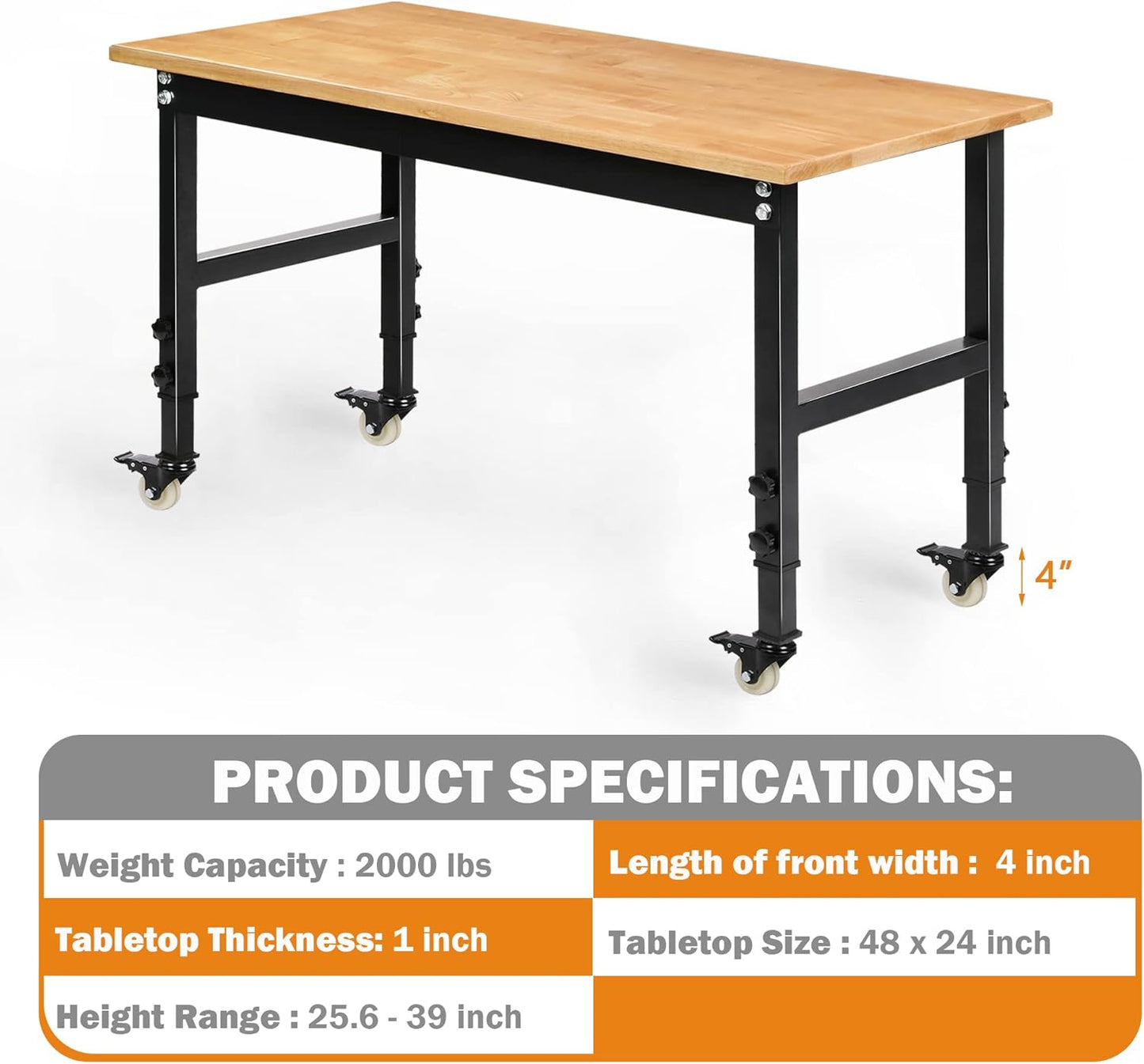 48" Heavy-Duty Adjustable Workbench for Garage, Rubber Wood Shop Table W/Metal Wheels, Hardwood Workstation Weight Capacity Over 2000 Lbs with Wheels