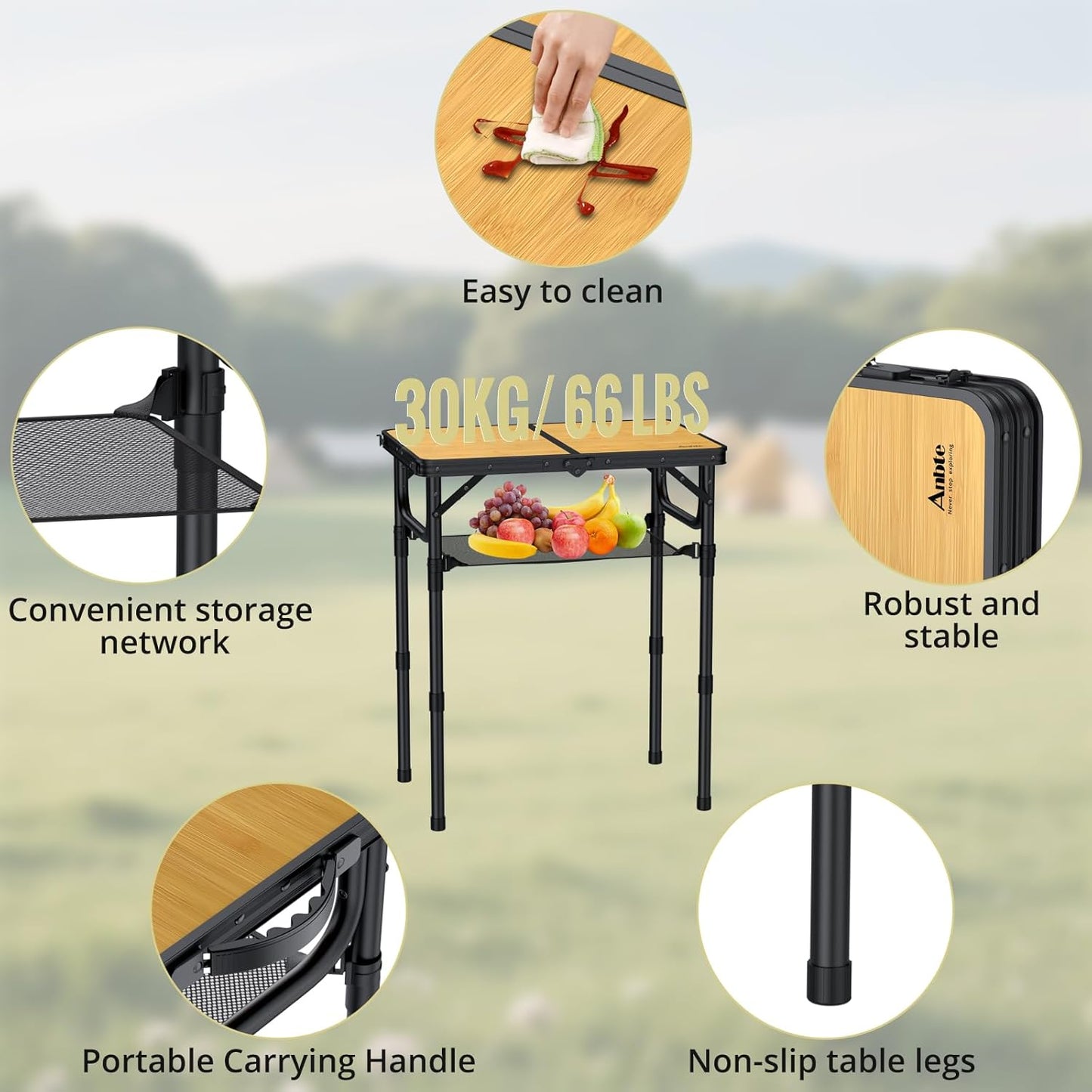 2ft Camping Table Foldable with Storage Net, 3 Adjustable Heights Aluminum Small Folding Table, Lightweight, Portable Handle, for Travel Outdoor Beach Camping Picnic, 23.2" x 16", Yellow