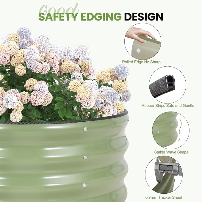 G GOOD GAIN Round Raised Garden Bed - 2Pcs 2x2x1ft Galvanized Steel Planter Boxes Outdoor with Rubber Edge Trim | Metal Raised Beds for Gardening Vegetables Flowers Fruits Herbs (Olive Green)