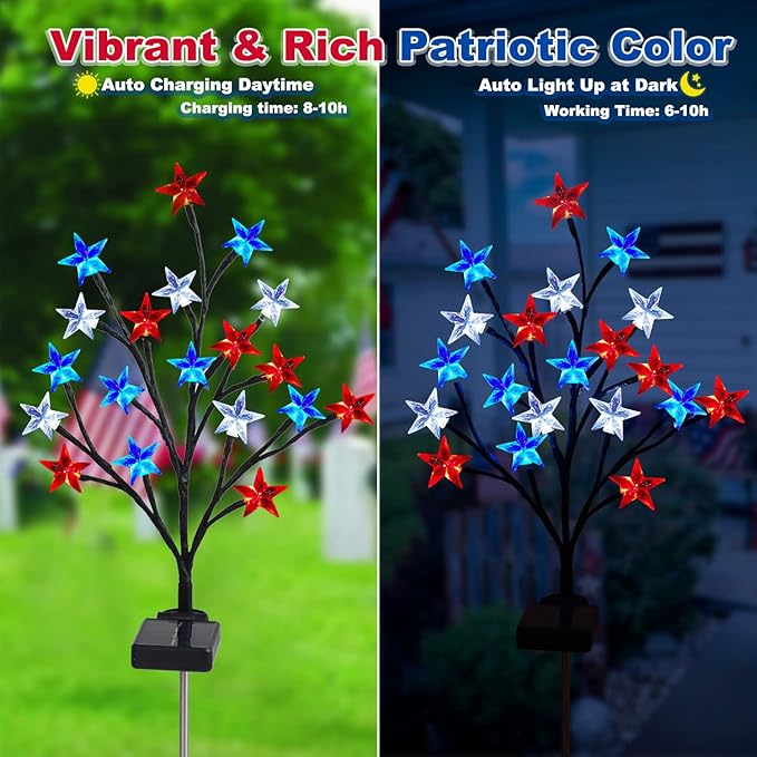 2 Packs Solar 4th of July Decorations Outdoor Lights, Solar Red White and Blue Star Pathway Lights, Waterproof Outdoor Patriotic Decorations Lights for July 4th Memorial Day Garden Yard Pathway Grave