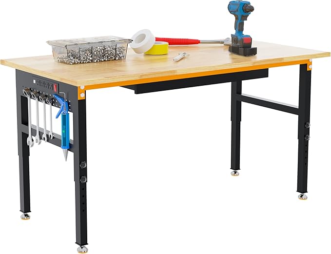 60" Adjustable Height Workbench, 2000 LBS Heavy Duty Work Table with Power Outlets & Pegboard, Rubber Wood Workstation for Garage, Workshop, Office, Home, Commercial