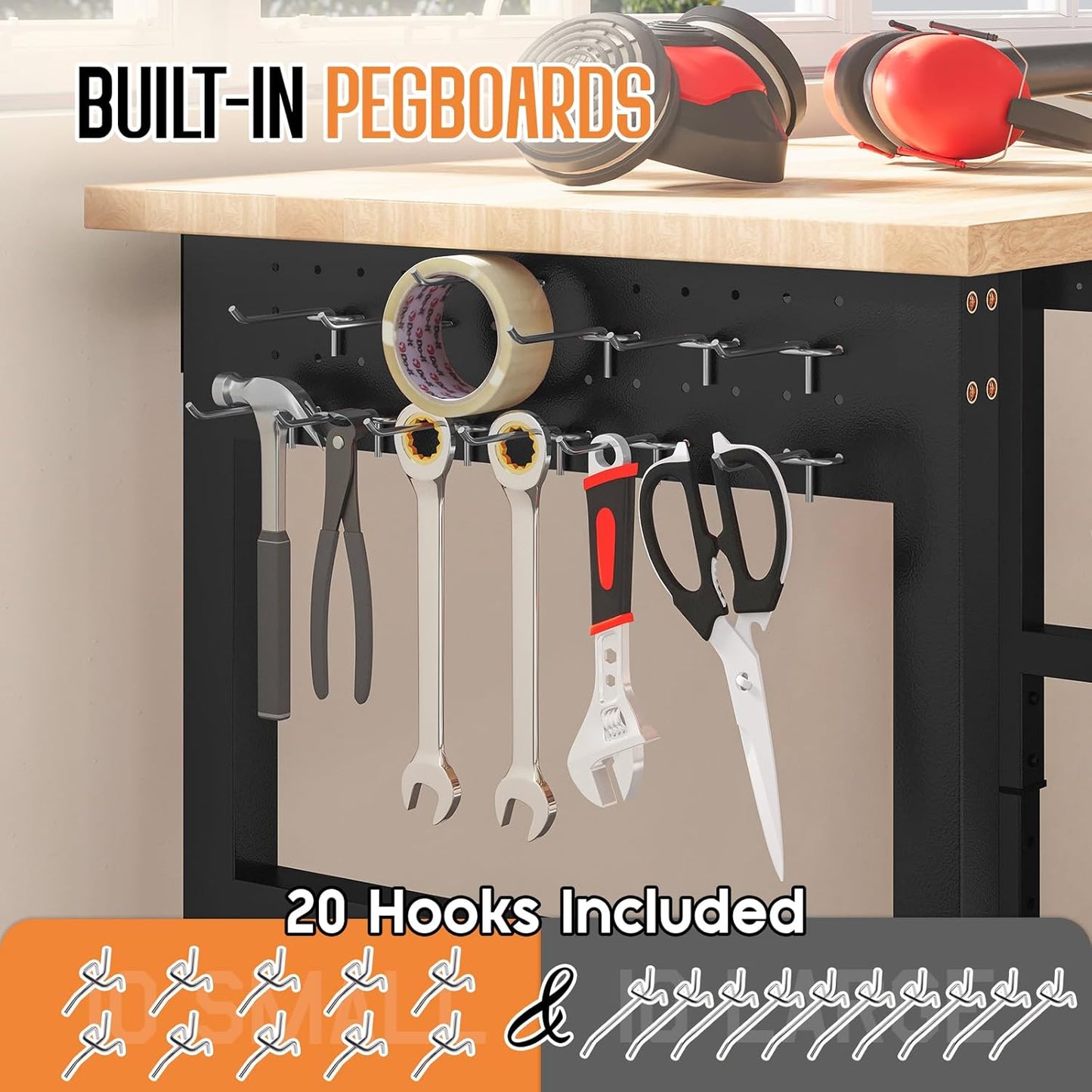 Albott 68"x48" L-Shaped Adjustable Workbench with Storage & Power Strip, Heavy Duty Tool Bench for Woodworking, Garage, Workshop, Home Office, 6000LBS Load, Pegboard & Hooks, ETL Certified