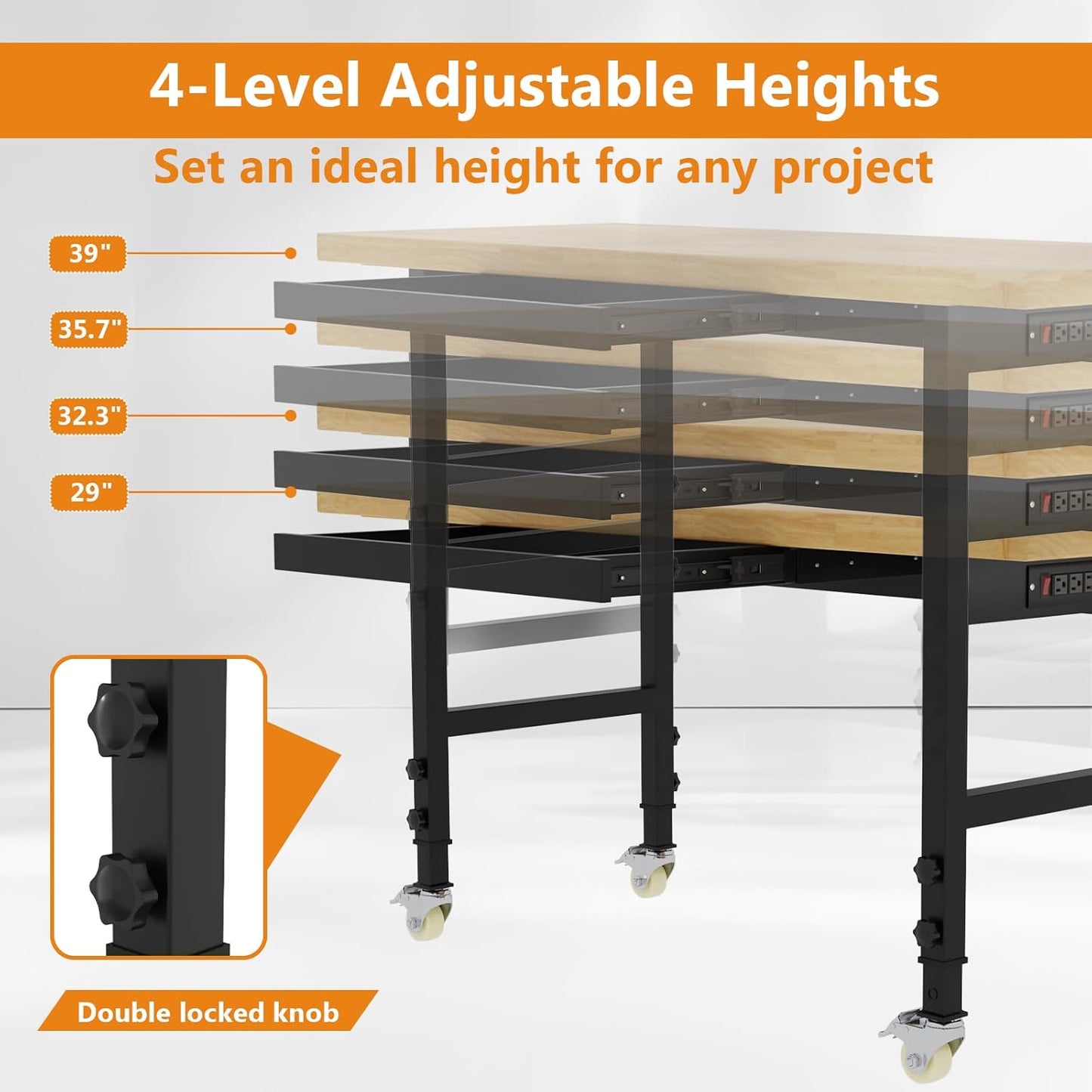 60" Work Bench with Wheels, Adjustable Height Workbench with Drawers, Heavy-Duty Work Table with Power Outlets, 2000 LBS Capacity Workstation for Garage, Workshop, Office, Home