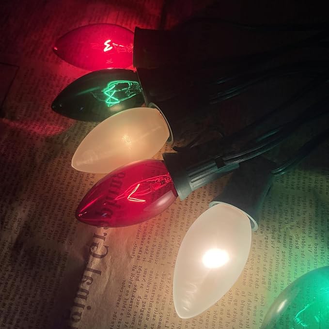 25FT C9 Christmas Lights Outdoor,Red White Green Christmas Lights with 26 Bulbs(1 Spare),C9/ E17 Base,Vintage Colored Christmas Lights for Garden, Yard, Party, Christmas Tree Decorations