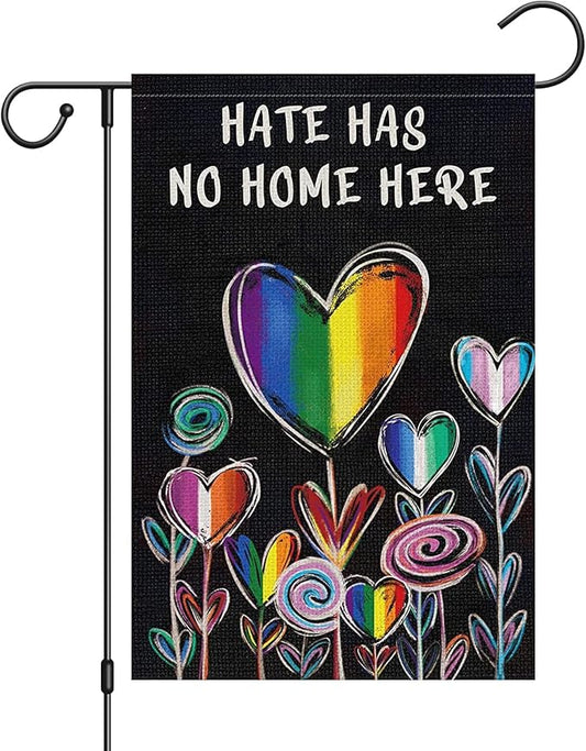 Hate Has No Home Here Pride Garden Flag 12x18 Double Sided Burlap, Small Rainbow Love Heart Gay Lesbian LGBT Pansexual Yard Sign Banner for Pride Month Porch Outdoor Decor