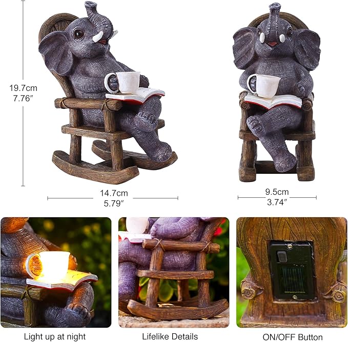 Goodeco Solar Elephant Statue for Garden - Perfect Relaxing Outdoor & Fairy Garden Decor, Great as Birthday or Mom Gifts- 6.3 x 7.8in