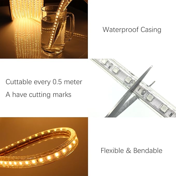 5050-60 Type AC 110-120V White LED Strip Lights, Flexible/Waterproof/Dimmable/Multi-Modes LED Rope Light + 23 Keys Remote for Home/Garden/Building Decoration (164ft/50m, White 6000K)