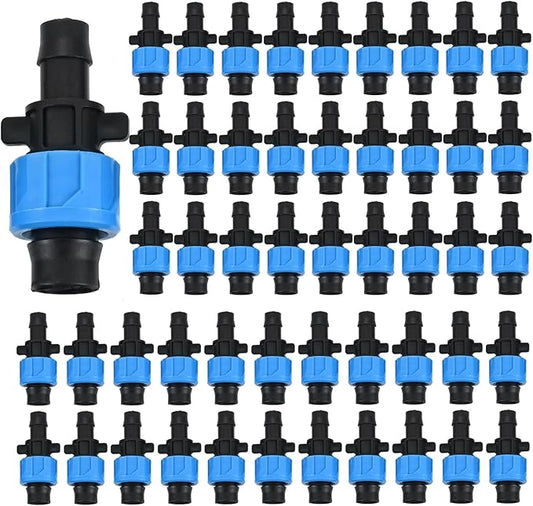 50 Pcs Drip Irrigation Connector, Drip Tape Fittings, Drip Tape Connector Tubing Coupling Barbed Locking Fitting Kit for 5/8" Drip Tape Sprinkler, 1/4" Barb Drip Irrigation Tools