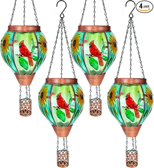 4 Pack Solar Hot Air Balloon Lantern With Flame, Cardinal Glass Solar Hanging Lights Outdoor Yard Patio Farmhouse Decoration, Gifts for Women Grandma Mom