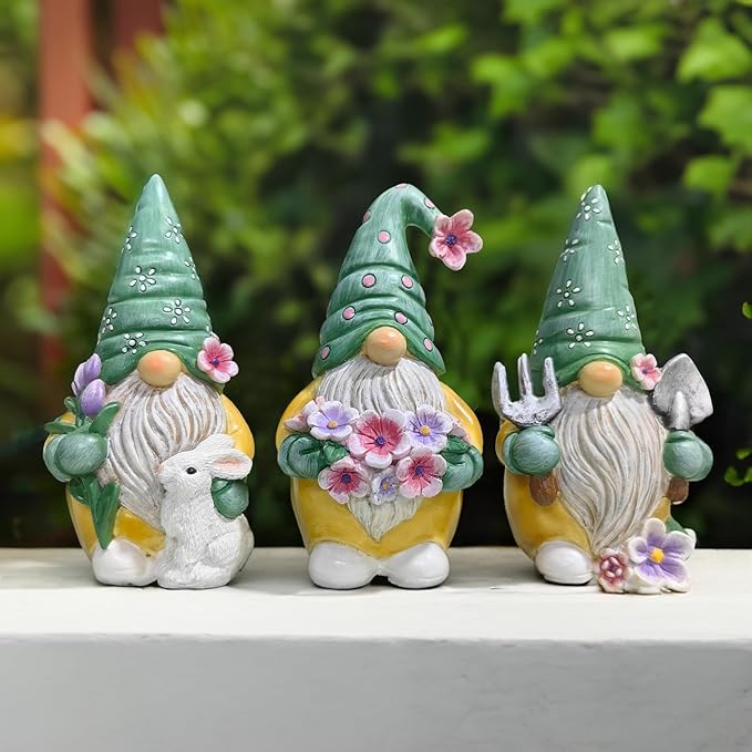 Garden Guardians Set of Three 6" Gardening Gnome Figurines, Floral Green and Yellow Statue Decor