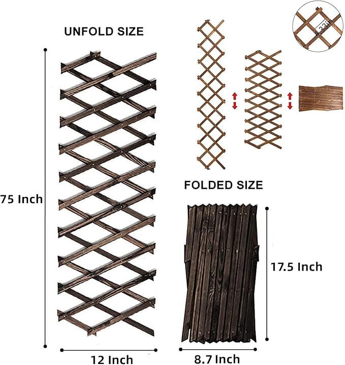2 PCS Expandable Garden Trellis, 12" x 75" Wooden Lattice Fence Wall Panel Stretchable Decorative Fences Lattice Trellis for Climbing Plants Outdoor Ivy Vine Rose Clematis Garden Patio Room Decor (2)