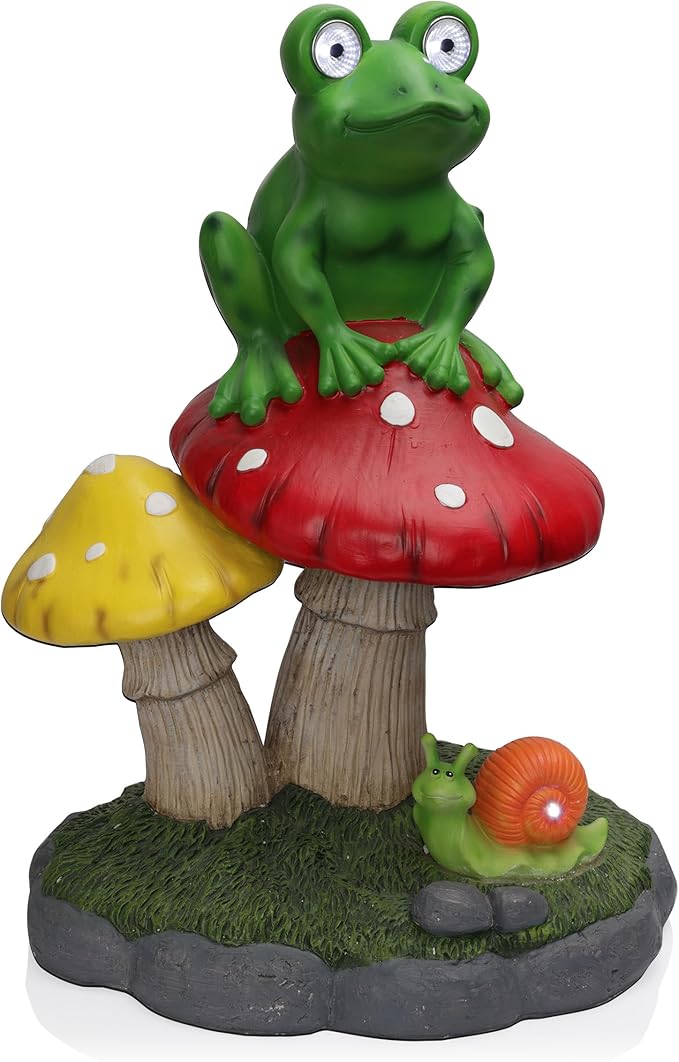 Alpine Corporation ZEN390SLR-L Frog on Mushroom Statue with LED Lights, Solar-Powered LED Frog Garden Statue, 24" H, Green