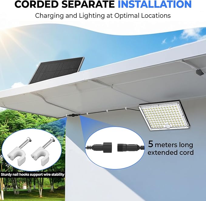 113-LED Outdoor Solar Lights with Motion Sensor, 9000K Cool White, 5M Long Wire, IP65 Waterproof Luces solares para exteriores Yard, Garden, Driveway, Patio, with 2 Year Warranty.