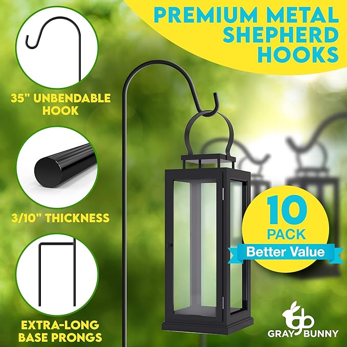 Gray Bunny Shepherds Hooks for Outdoor 35” 10 Pack, Thick Heavy Duty Bird Feeder Pole for Outside Yard, Hanging Plant Stand, Non-Hollow, Non-Adjustable, Extra Long Base Prongs for Backyard Wedding