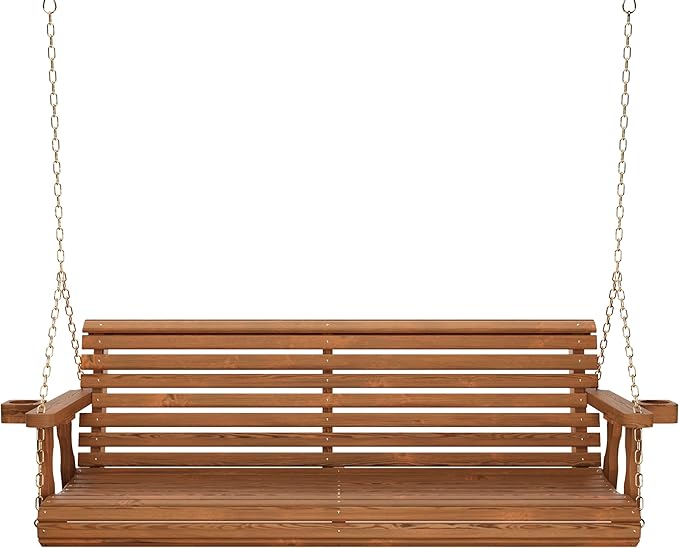 Amish Casual 5 Foot Roll Back Porch Swing with Cup Holders in Oak Stain - Amish Made in The USA from Treated Pine Heavy Duty 700 Lb. Weight Capacity