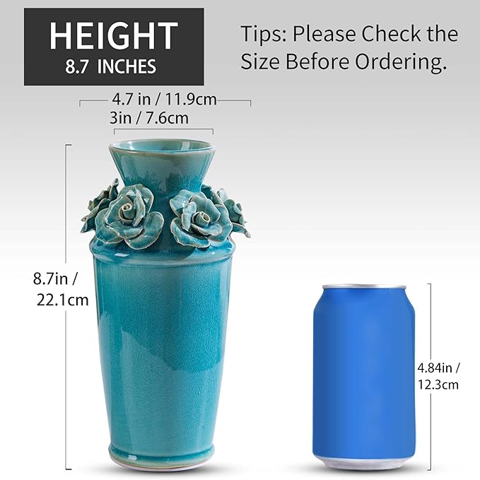 Handmade 3D Ceramic Flower Blue Bud Vase for Centerpieces, Decorative Blue Flower Vases for Wedding Reception, Home Decor, Living Room, Cottage Core Decor, Jarrones Decorativos para Sala 8.7 Inch