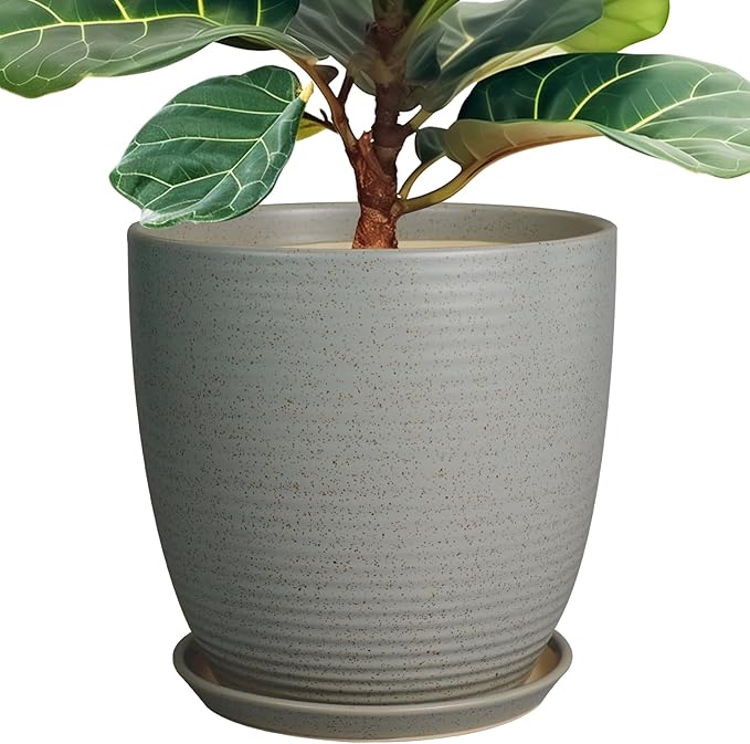 12 Inch Plant Pot, Ceramic Planter Pot with Drainage Hole and Saucer Round Large Flower Pot for Indoor Plants, Light Gray