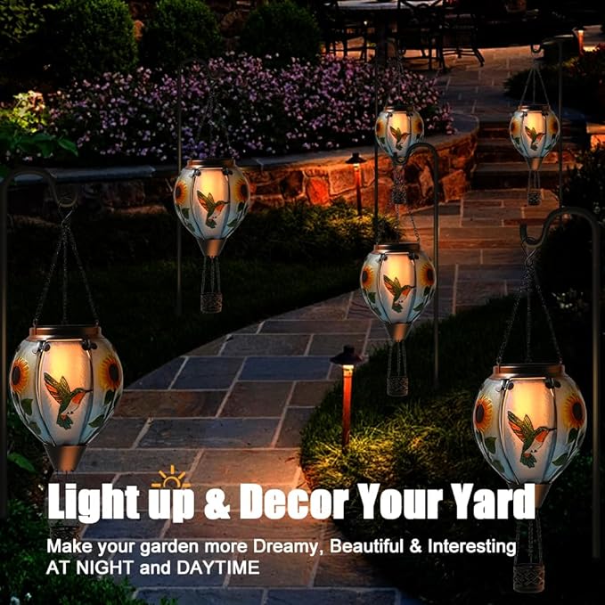 Hot Air Balloon Solar Lantern - Simulated Flickering Flame Hummingbird Glass Lantern, Outdoor Hanging Sunflower Yard Light Waterproof IP65 & Weather Resistant for Garden Patio Lawn Porch Decor Gfit