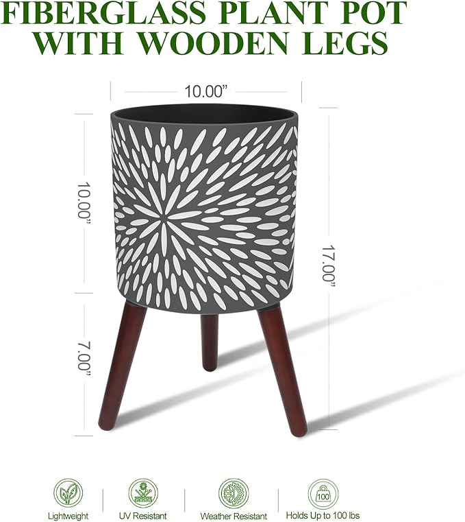 10 Inches Plant Pot with Stand, Large Modern Standing Planters for Indoor Plants with Drainage Holes, Gray Flower Pots with Legs