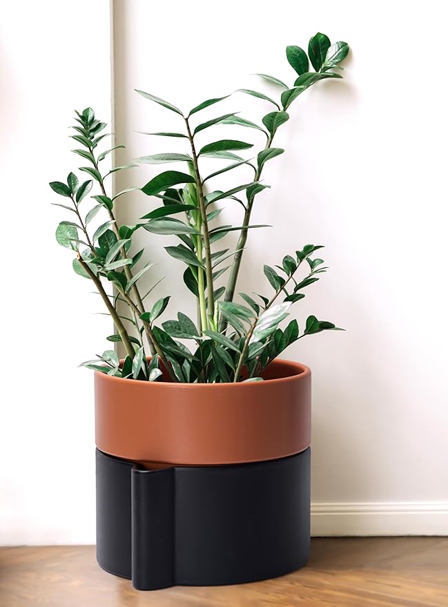 8 Inch Self-Watering Planter Pot with Terracotta Insert, Deep Water Reservoir, and Ceramic-Alike BPA-Free Plastic Planter Pot for Plant, Modern Planter for Houseplants, Black/Terracotta, 53-B-T-5