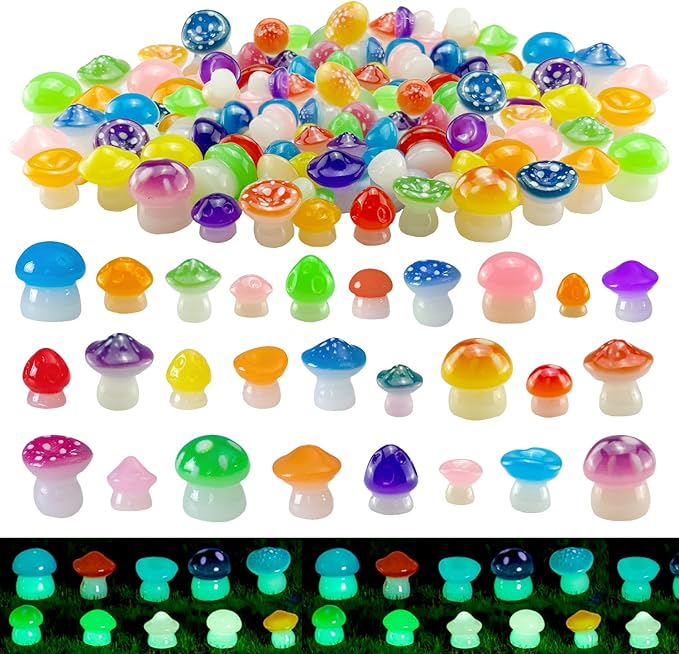 150 Pcs 18 Styles Mini Resin Luminous Mushrooms, Glow in The Dark Little Resin Mushroom for Garden Landscape Bonsai Craft Ornament