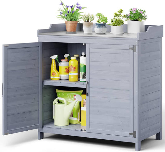 Gizoon Outdoor Potting Bench with Metal Tabletop, Outdoor Garden Patio Wooden Storage Cabinet with Adjustable Shelf, Double Doors Garden Work Bench for Backyard, Patio, Lawn - Grey