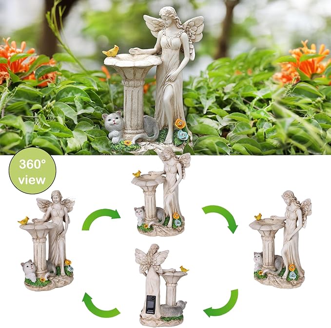 Angel Garden Statue, Solar Figurine with Outdoor Décor Resin Cat Sculpture Lawn Ornament,Ideal Yard Art for Patio Lawn Yard Housewarming Garden Gift