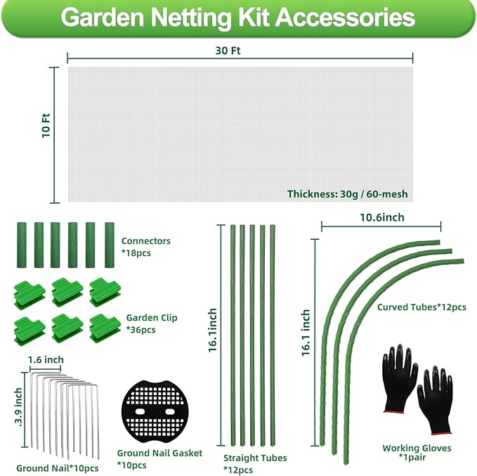Garden Netting Kit, 10X30 Ft Garden Ultra Fine Mesh Net Bird Barrier Protection with Garden Hoops for Protect Garden Vegetables Flowers Shrubs Fruit Trees Indoors & Outdoors Plant Beds Greenhouse