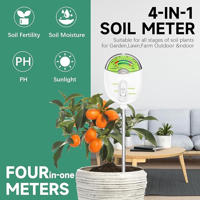 4-in-1 Plant Soil Tester with pH, Moisture, Fertility & Light Meter, Rotatable Dial Soil Test Kit, No Battery Required for Garden, Lawn, Farm, Indoor & Outdoor Plants, White